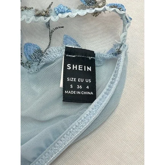 Blue Floral Embroidered Mesh Crop Bralette Adjustable Straps Size S - Picture 6 of 9